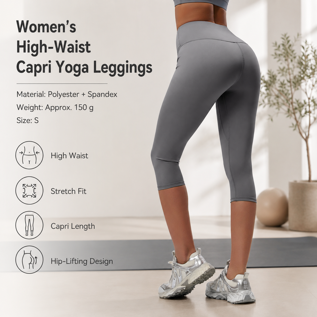 Grey S Size Women's High Waist 3/4 Yoga Leggings - Peach Hip Lift Design, Breathable Stretch Fabric for Gym Running and Daily Wear