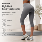 Grey L Size Women's High Waist 3/4 Yoga Leggings - Peach Hip Lift Design, Breathable Stretch Fabric for Gym Running and Daily Wear