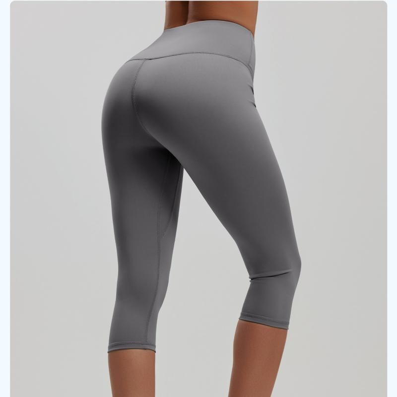 Grey L Size Women's High Waist 3/4 Yoga Leggings - Peach Hip Lift Design, Breathable Stretch Fabric for Gym Running and Daily Wear