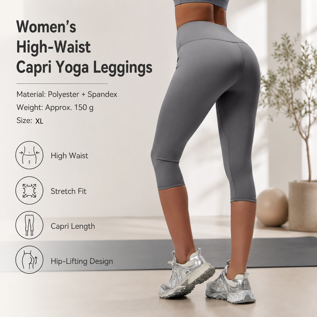 Grey XL Size Women's High Waist 3/4 Yoga Leggings - Peach Hip Lift Design, Breathable Stretch Fabric for Gym Running and Daily Wear