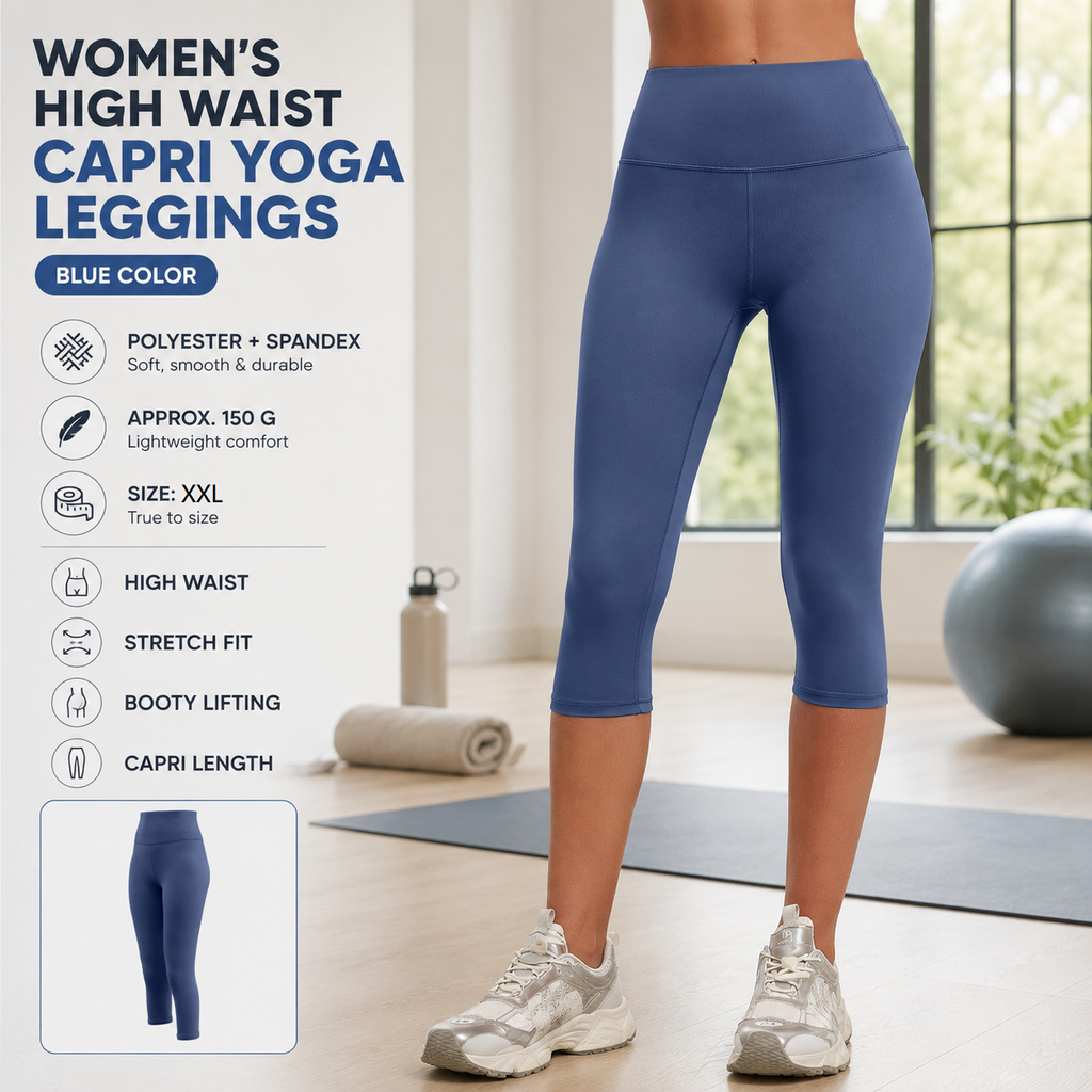 Blue XXL Size Women's High Waist 3/4 Yoga Leggings - Peach Hip Lift Design, Breathable Stretch Fabric for Gym Running and Daily Wear