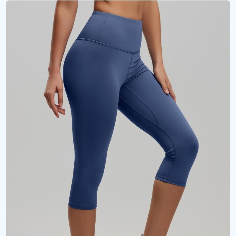 Blue XXL Size Women's High Waist 3/4 Yoga Leggings - Peach Hip Lift Design, Breathable Stretch Fabric for Gym Running and Daily Wear
