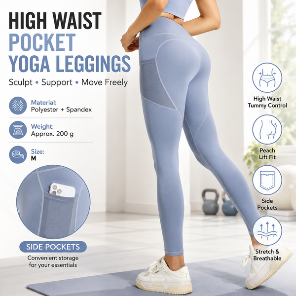 Blue M Size Women's High Waist Yoga Leggings with Mesh Side Pockets - Squat Proof, Peach Hip Lift, Breathable Stretch Fabric for Gym Running 、Pilates Wea and Daily Wear