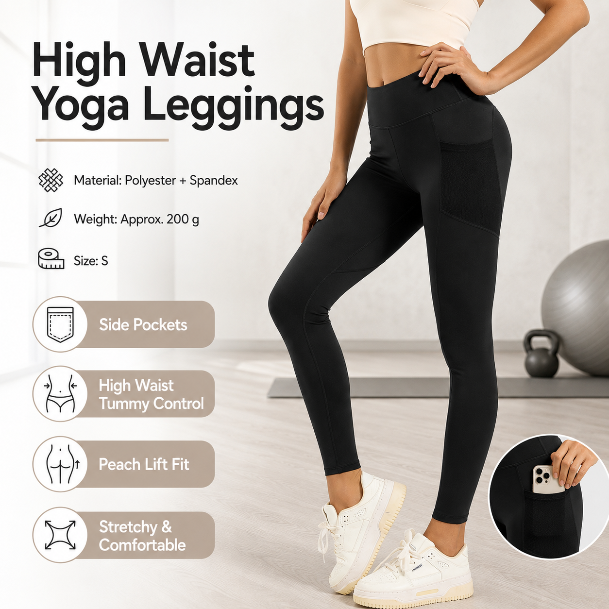 Black S Size Women's High Waist Yoga Leggings with Mesh Side Pockets - Squat Proof, Peach Hip Lift, Breathable Stretch Fabric for Gym Running 、Pilates Wea and Daily Wear