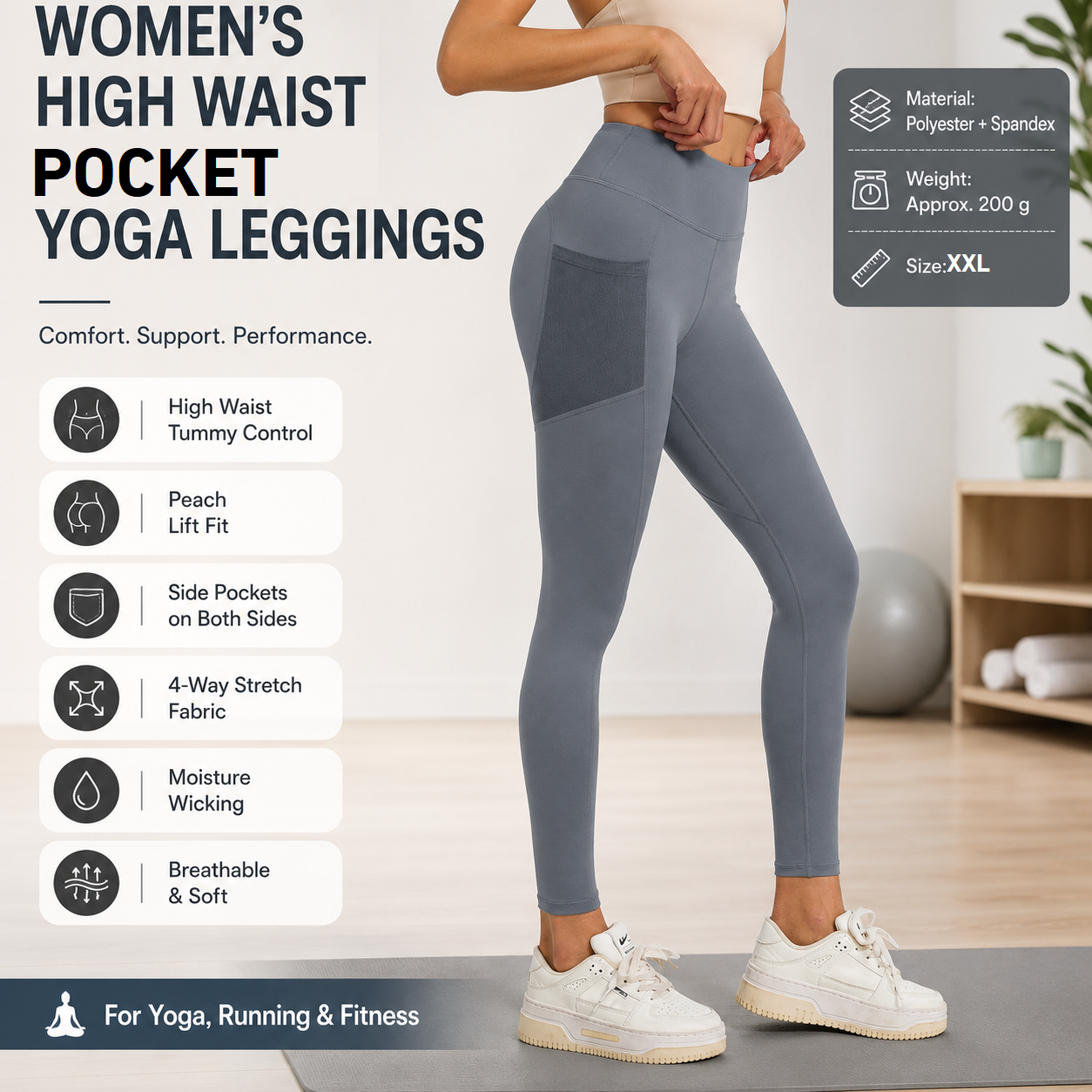 Grey XXL Size Women's High Waist Yoga Leggings with Mesh Side Pockets - Squat Proof, Peach Hip Lift, Breathable Stretch Fabric for Gym Running 、Pilates Wea and Daily Wear