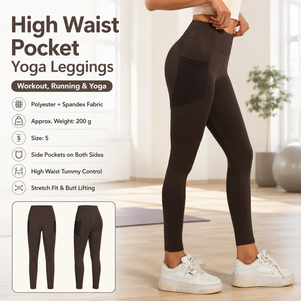 Coffee-colored S Size Women's High Waist Yoga Leggings with Mesh Side Pockets - Squat Proof, Peach Hip Lift, Breathable Stretch Fabric for Gym Running 、Pilates Wea and Daily Wear