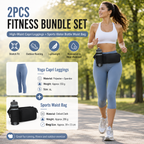 Winter Fitness Bundle - Blue XL size Women's High Waist 3/4 Yoga Leggings with Peach Hip Lift and Black Waterproof Sports Waist Bag with Bottle Holder for Running Gym and Outdoor Activities
