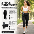 Winter Fitness Bundle - Black M size Women's High Waist 3/4 Yoga Leggings with Peach Hip Lift and Black Waterproof Sports Waist Bag with Bottle Holder for Running Gym and Outdoor Activities