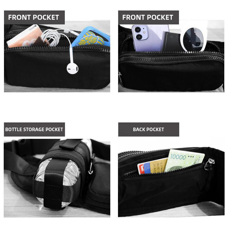 Winter Fitness Bundle - Black M size Women's High Waist 3/4 Yoga Leggings with Peach Hip Lift and Black Waterproof Sports Waist Bag with Bottle Holder for Running Gym and Outdoor Activities