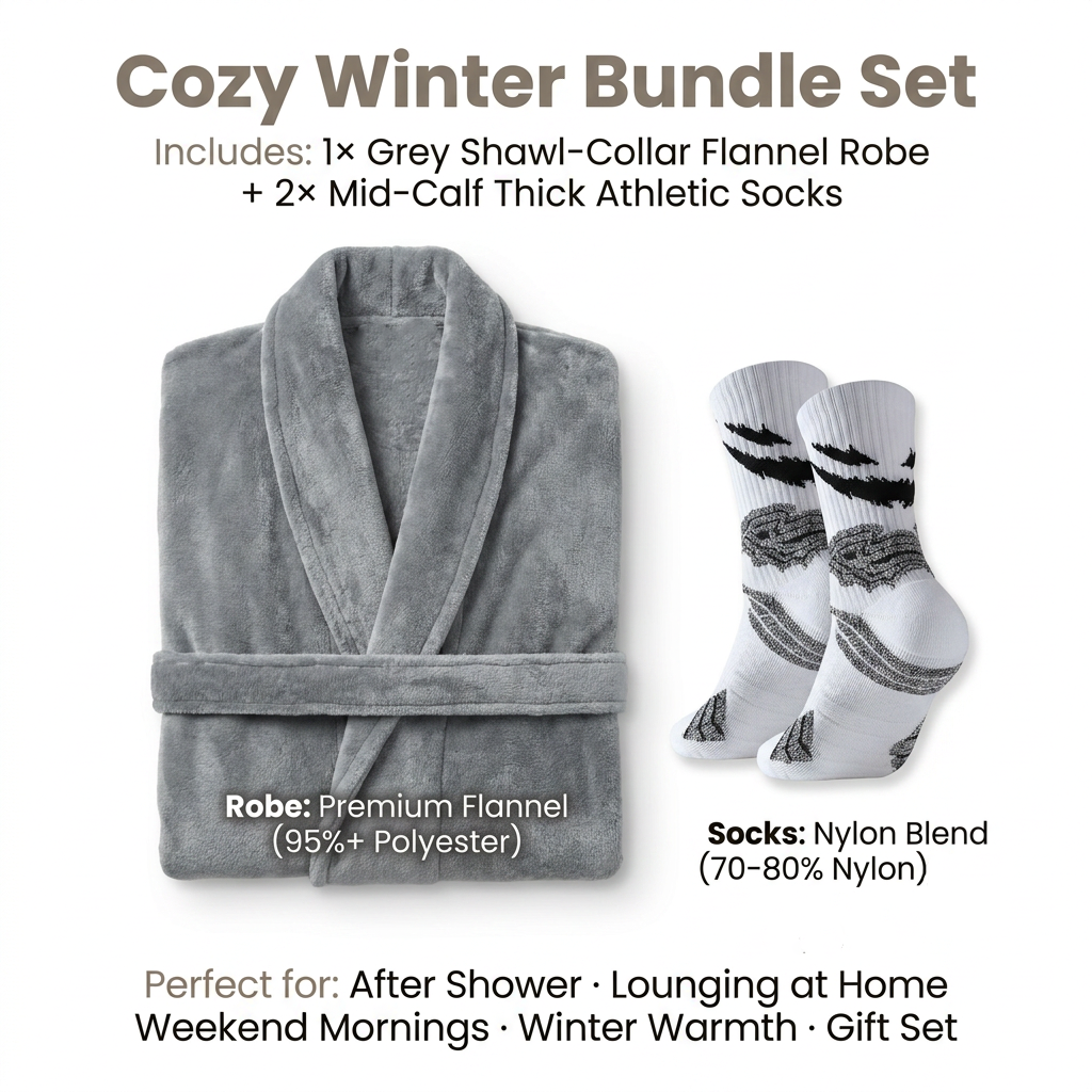 Grey Men's Winter Lounge Bundle Set - Flannel Shawl Collar Robe(M Size) with 2x White Thick Mid Calf Demon Pattern Socks, Warm Plush Homewear Set, Soft Cozy Sleepwear and Indoor Loungewear Gift for Men