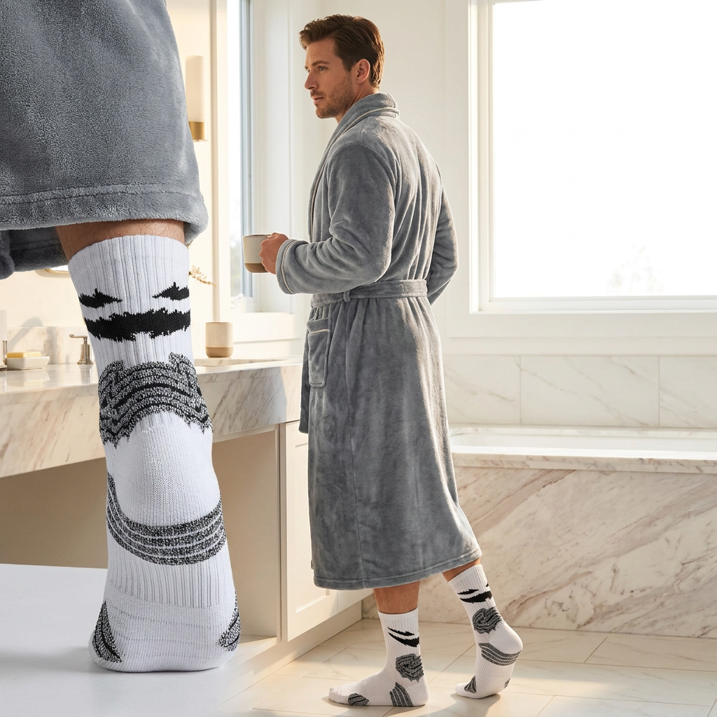 Grey Men's Winter Lounge Bundle Set - Flannel Shawl Collar Robe(M Size) with 2x White Thick Mid Calf Demon Pattern Socks, Warm Plush Homewear Set, Soft Cozy Sleepwear and Indoor Loungewear Gift for Men