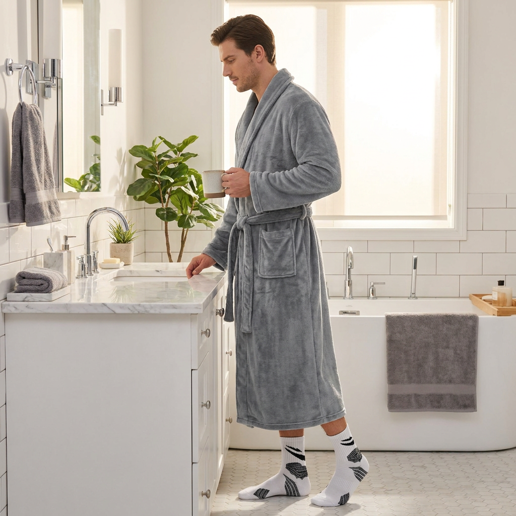 Grey Men's Winter Lounge Bundle Set - Flannel Shawl Collar Robe(M Size) with 2x White Thick Mid Calf Demon Pattern Socks, Warm Plush Homewear Set, Soft Cozy Sleepwear and Indoor Loungewear Gift for Men