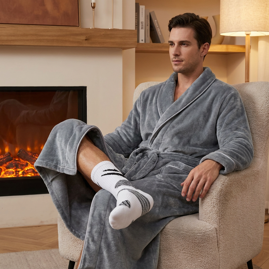 Grey Men's Winter Lounge Bundle Set - Flannel Shawl Collar Robe(XL Size) with 2x White Thick Mid Calf Demon Pattern Socks, Warm Plush Homewear Set, Soft Cozy Sleepwear and Indoor Loungewear Gift for Men