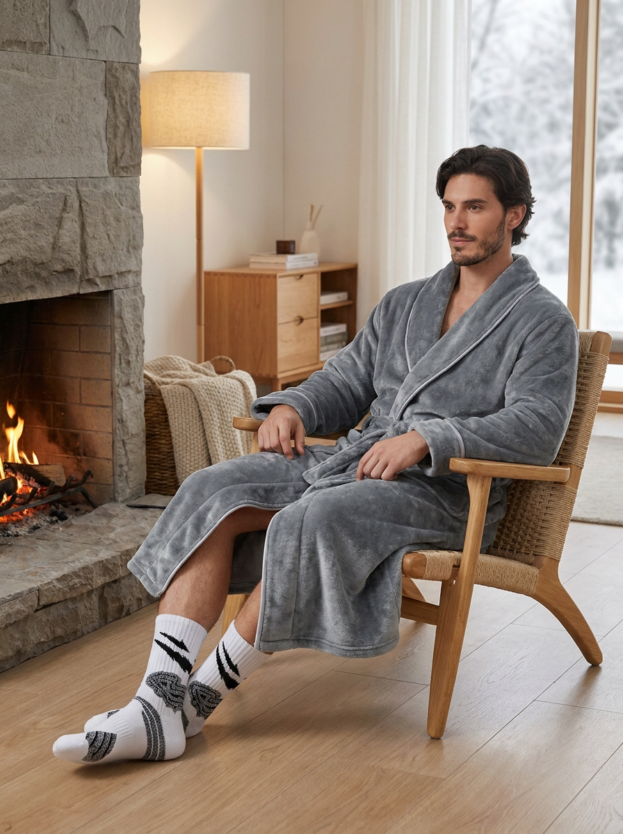 Grey Men's Winter Lounge Bundle Set - Flannel Shawl Collar Robe(XXL Size) with 2x White Thick Mid Calf Demon Pattern Socks, Warm Plush Homewear Set, Soft Cozy Sleepwear and Indoor Loungewear Gift for Men