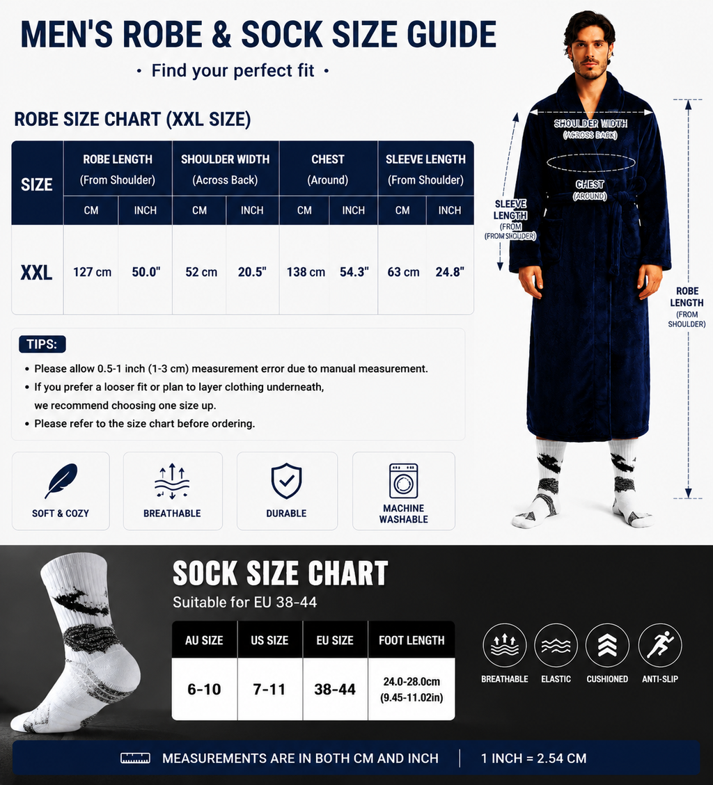 Grey Men's Winter Lounge Bundle Set - Flannel Shawl Collar Robe(XXL Size) with 2x White Thick Mid Calf Demon Pattern Socks, Warm Plush Homewear Set, Soft Cozy Sleepwear and Indoor Loungewear Gift for Men