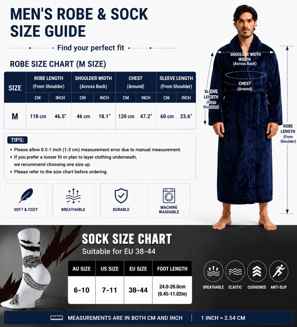 Blue Men's Winter Lounge Bundle Set - Flannel Shawl Collar Robe(M Size) with 2x  Thick Mid Calf Purple Demon Pattern Socks, Warm Plush Homewear Set, Soft Cozy Sleepwear and Indoor Loungewear Gift for Men