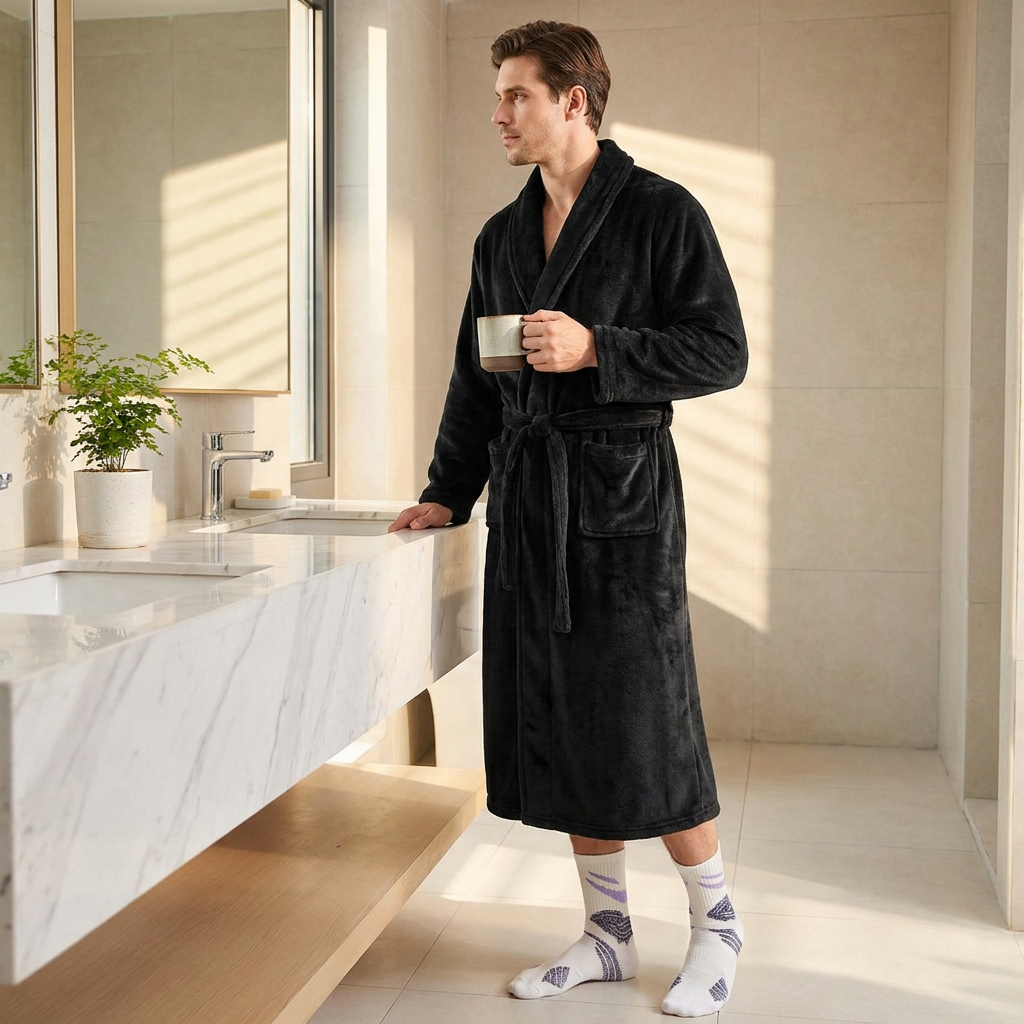 Blue Men's Winter Lounge Bundle Set - Flannel Shawl Collar Robe(L Size) with 2x  Thick Mid Calf Purple Demon Pattern Socks, Warm Plush Homewear Set, Soft Cozy Sleepwear and Indoor Loungewear Gift for Men