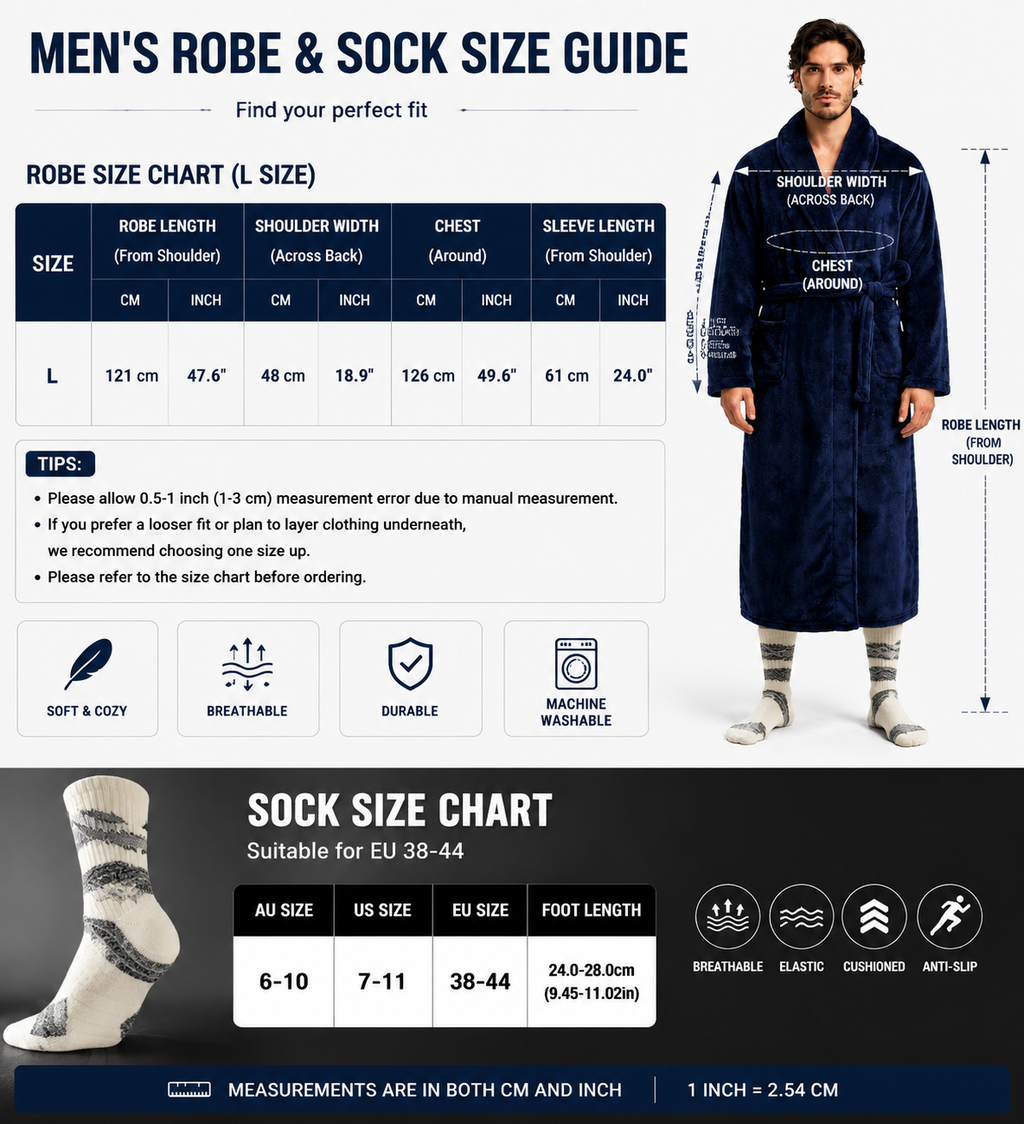 Blue Men's Winter Lounge Bundle Set - Flannel Shawl Collar Robe(L Size) with 2x  Thick Mid Calf Purple Demon Pattern Socks, Warm Plush Homewear Set, Soft Cozy Sleepwear and Indoor Loungewear Gift for Men