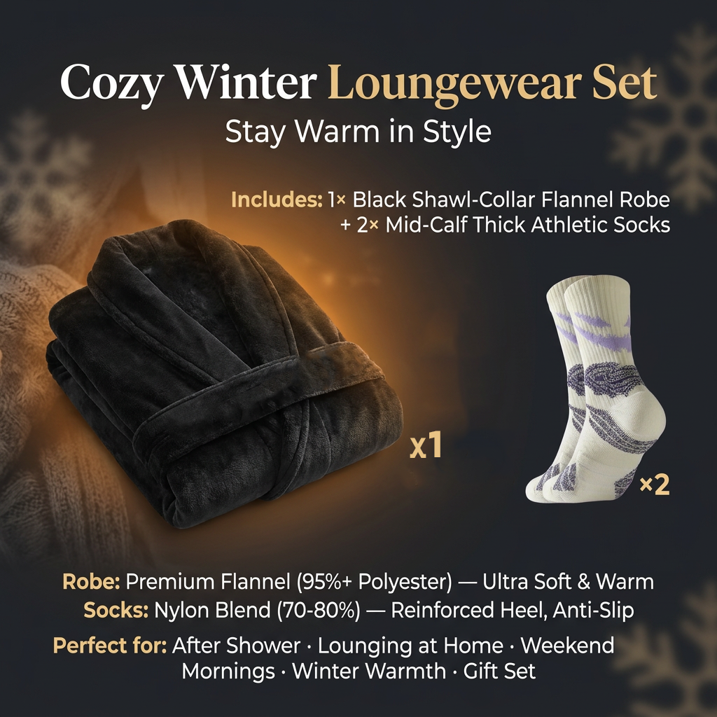 Blue Men's Winter Lounge Bundle Set - Flannel Shawl Collar Robe(XL Size) with 2x  Thick Mid Calf Purple Demon Pattern Socks, Warm Plush Homewear Set, Soft Cozy Sleepwear and Indoor Loungewear Gift for Men