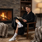 Blue Men's Winter Lounge Bundle Set - Flannel Shawl Collar Robe(XXL Size) with 2x  Thick Mid Calf Purple Demon Pattern Socks, Warm Plush Homewear Set, Soft Cozy Sleepwear and Indoor Loungewear Gift for Men