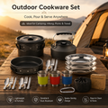 Black Camping Cookware Set for 2–3 People – Portable Outdoor Cooking Pot, Frying Pan & 1.1L Kettle Kit with Stainless Steel Plates, Cups & Cutlery, Lightweight Non-Stick Camping Cook Set for Hiking, Picnic, Backpacking & RV Travel