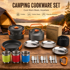 Orange Camping Cookware Set for 2–3 People – Portable Outdoor Cooking Pot, Frying Pan & 1.1L Kettle Kit with Stainless Steel Plates, Cups & Cutlery, Lightweight Non-Stick Camping Cook Set for Hiking, Picnic, Backpacking & RV Travel