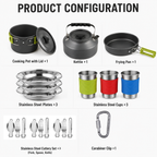 Orange Camping Cookware Set for 2–3 People – Portable Outdoor Cooking Pot, Frying Pan & 1.1L Kettle Kit with Stainless Steel Plates, Cups & Cutlery, Lightweight Non-Stick Camping Cook Set for Hiking, Picnic, Backpacking & RV Travel