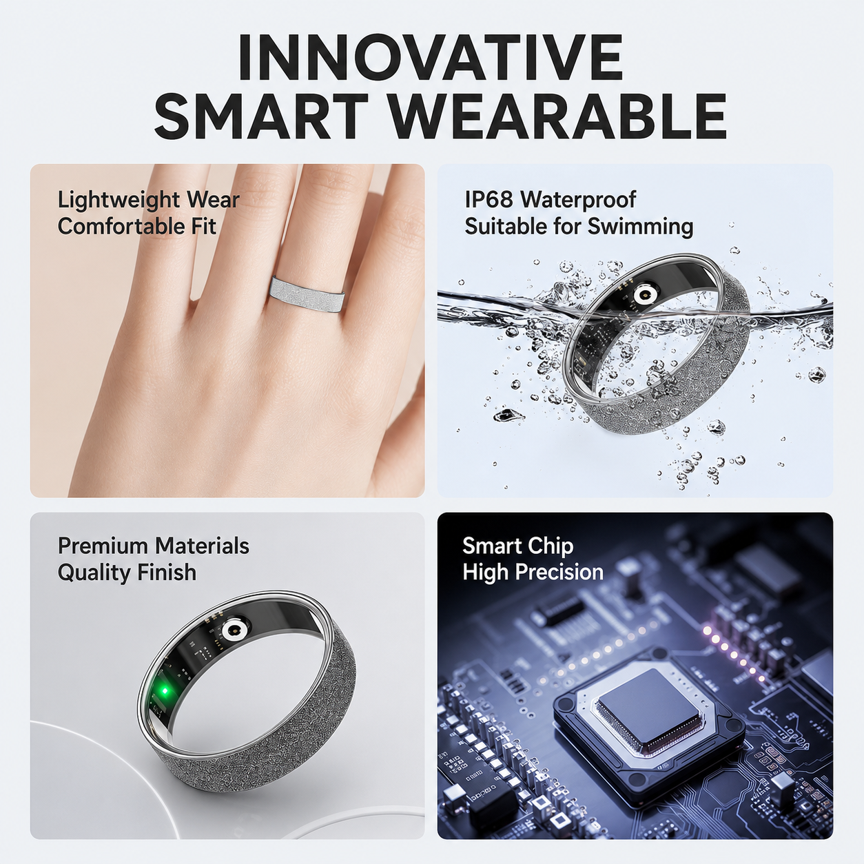 Smart Ring Size 11 (Silver) – Frosted Silver Wellness Tracker with Heart Rate, Blood Oxygen, Sleep, Steps and Mood Monitoring, IP68 Waterproof USB Magnetic Charging Ring