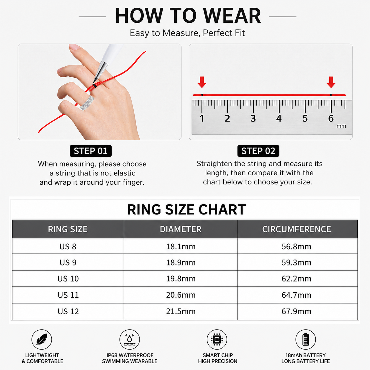 Smart Ring Size 12 (Silver) – Frosted Silver Wellness Tracker with Heart Rate, Blood Oxygen, Sleep, Steps and Mood Monitoring, IP68 Waterproof USB Magnetic Charging Ring