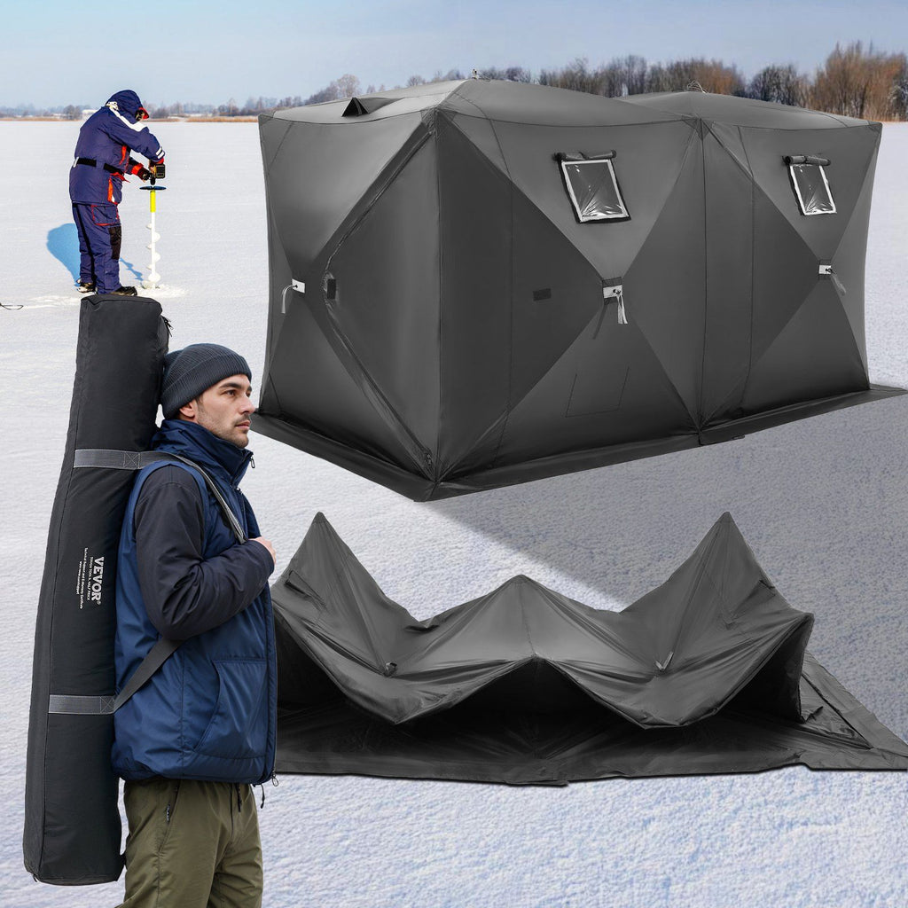 Portable Ice Shelter, 6-8 Person Pop-Up Ice Fishing Tent, 70 Square Feet Fishable Area, Ice Shanty for Winter Fishing, Waterproof Oxford Ice Cube with Anchors/Ropes/Carrying Bag, 142"x71" Black