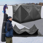 Portable Ice Shelter, 6-8 Person Pop-Up Ice Fishing Tent, 70 Square Feet Fishable Area, Ice Shanty for Winter Fishing, Waterproof Oxford Ice Cube with Anchors/Ropes/Carrying Bag, 142"x71" Black
