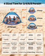 Beach Tent Sun Shelter for 6 Person, UPF 50+ Protection, Portable Sun Shade Canopy with Carrying Bag & Sand Pockets, Lightweight and Easy Setup Beach Umbrella for Camping Fishing Outdoor Picnic
