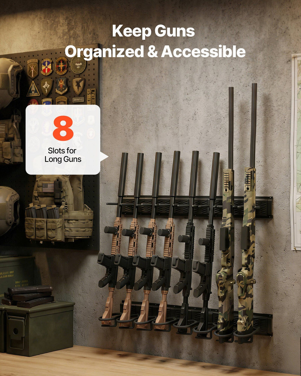 Indoor Gun Rack, Heavy Duty Steel, Wall Mount Rifle and Shotgun Rack, 8 Slots for Long Guns, Gun Display Rifle Storage Holder with Screws, for Home Garage Office Retail Shop Hunting Cabin Wall