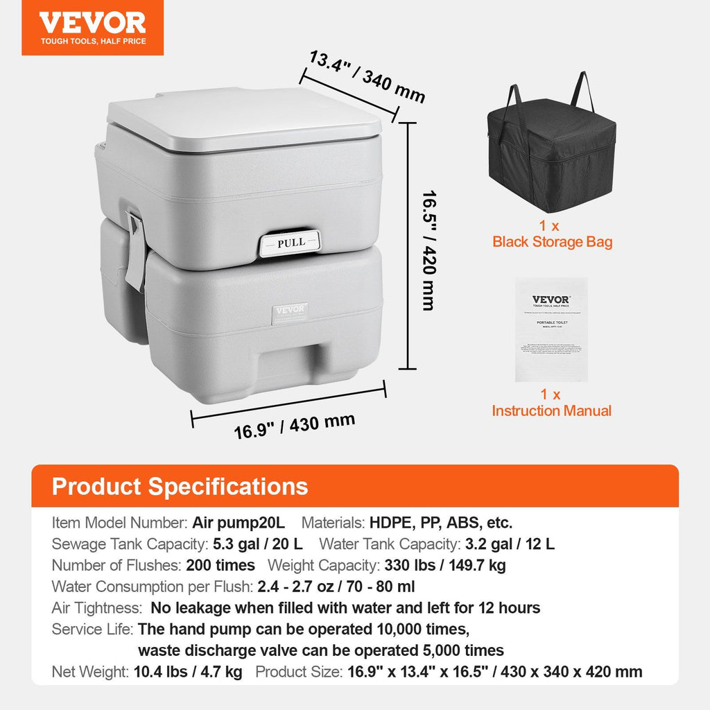 Portable Toilet for Camping, Porta Potty with Carry Bag, 5.3 Gal Waste Tank & 3.2 Gal Flush Tank, Push-Button Pressurized Flush Commode, Leak-proof and Odourless Travel Toilet for Camping Car
