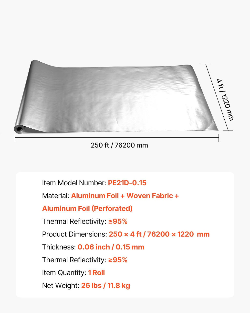 Double Reflective Insulation Roll, Perforated Woven Fabric Radiant Barrier, 0.15mm 76.2m x 1.22m, Double-Sided Aluminum Foil Heat Reflective Shield, Thermal Insulation Roll for Window RV Roof