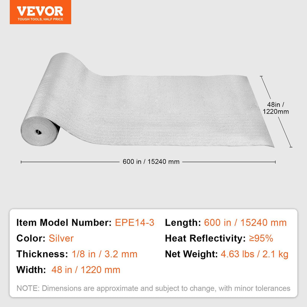 Double Reflective Insulation Roll, Foam Core Radiant Barrier, 3.2 mm 48 in x 50 ft, Double-Sided Aluminum Foil EPE Foam Heat Reflective Shield, Thermal Insulation Roll for Window RV Roof