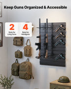 Gun Rack, Wall Mount, Tactical Rifle Shotgun Handgun Storage, Heavy-Duty PVC Panels & Steel Wall Racks, Securely Holds up to 2 Rifles & 4 Pistols, Modular Firearms Gun Gear Accessories Organizer