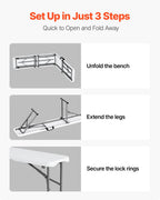 Plastic Folding Bench, 6 ft Portable Bench for Indoor/Outdoor Picnic Party Patio Camping Dining, Foldable Smooth HDPE Seat for Garden Soccer Multipurpose Entertaining Activities, 2 Pack, White