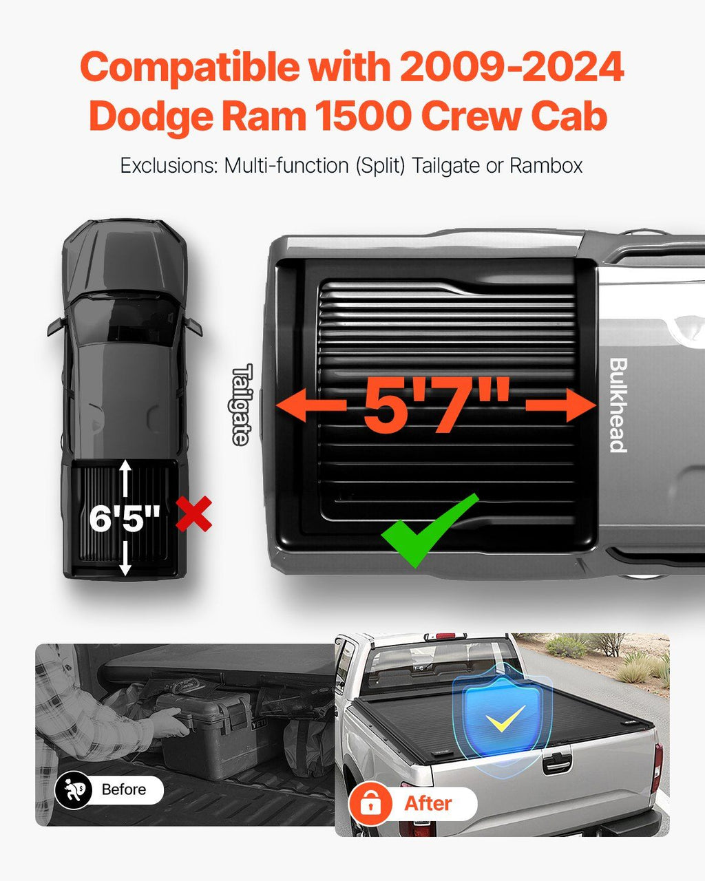 Retractable Tonneau Cover, 5.7 ft Hard Retractable Tonneau Cover with Built-in Drainage Pipe for 2009-2024 Dodge Ram 1500 Crew Cab, Customized Hard Tonneau Cover with Double-Lock & T-Slot