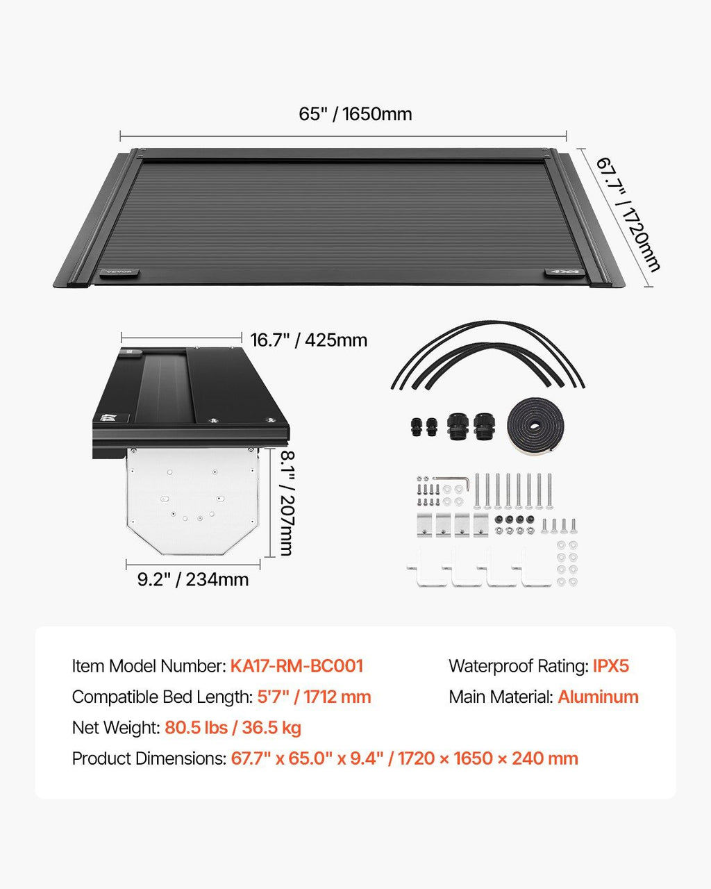 Retractable Tonneau Cover, 5.7 ft Hard Retractable Tonneau Cover with Built-in Drainage Pipe for 2009-2024 Dodge Ram 1500 Crew Cab, Customized Hard Tonneau Cover with Double-Lock & T-Slot