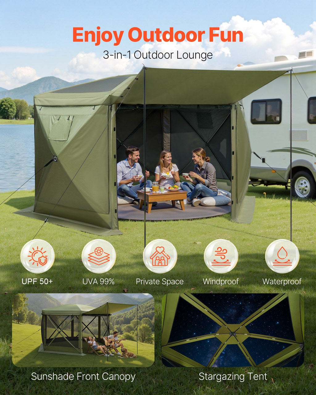 Pop up Gazebo Screen Tent, 3x3 m Large 6-Sided Camping Canopy Tent with Removable Top & Carry Bag, Quick-Set & Bite-Proof, Screen House Sun Shelter for 6-8 Persons Backyard Patio, Green