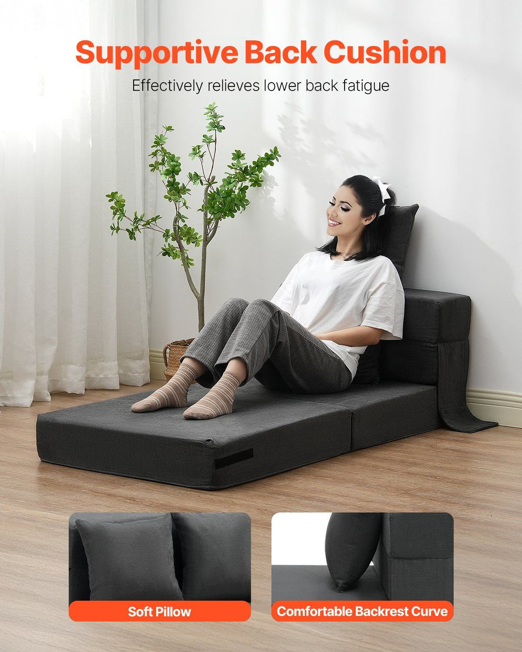 Folding Sofa Bed, 3-in-1 Foldable Couch Bed with 2 Pillows and Washable Cover, 25D High Density Memory Foam Convertible Sleeper Chair Bed, Futon Couch for Living Room, Bedroom, Dark Grey(Single)