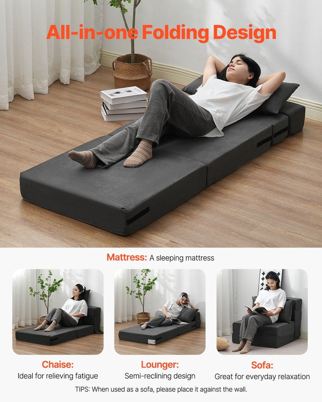Folding Sofa Bed, 3-in-1 Foldable Couch Bed with 2 Pillows and Washable Cover, 25D High Density Memory Foam Convertible Sleeper Chair Bed, Futon Couch for Living Room, Bedroom, Dark Grey(Single)