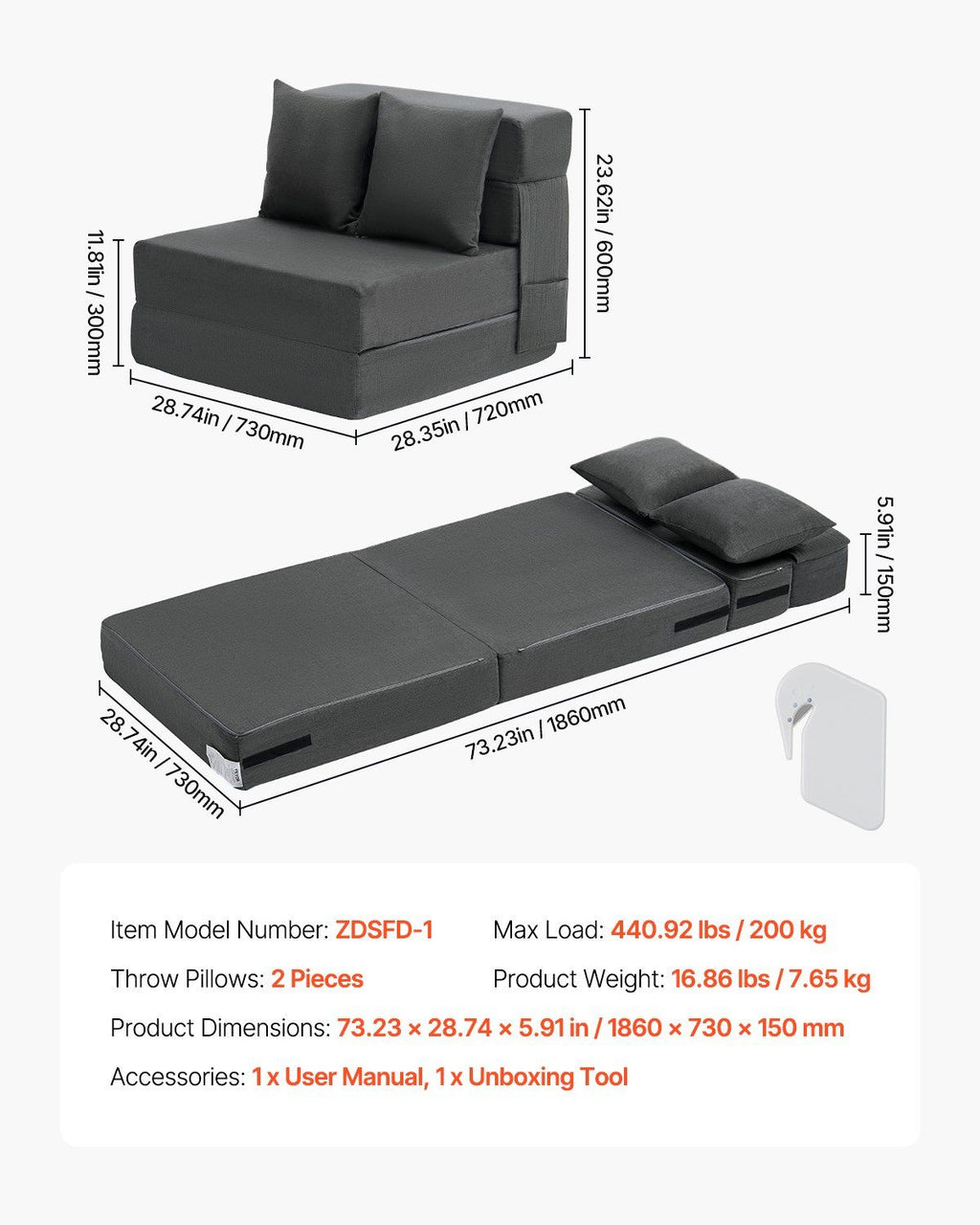Folding Sofa Bed, 3-in-1 Foldable Couch Bed with 2 Pillows and Washable Cover, 25D High Density Memory Foam Convertible Sleeper Chair Bed, Futon Couch for Living Room, Bedroom, Dark Grey(Single)