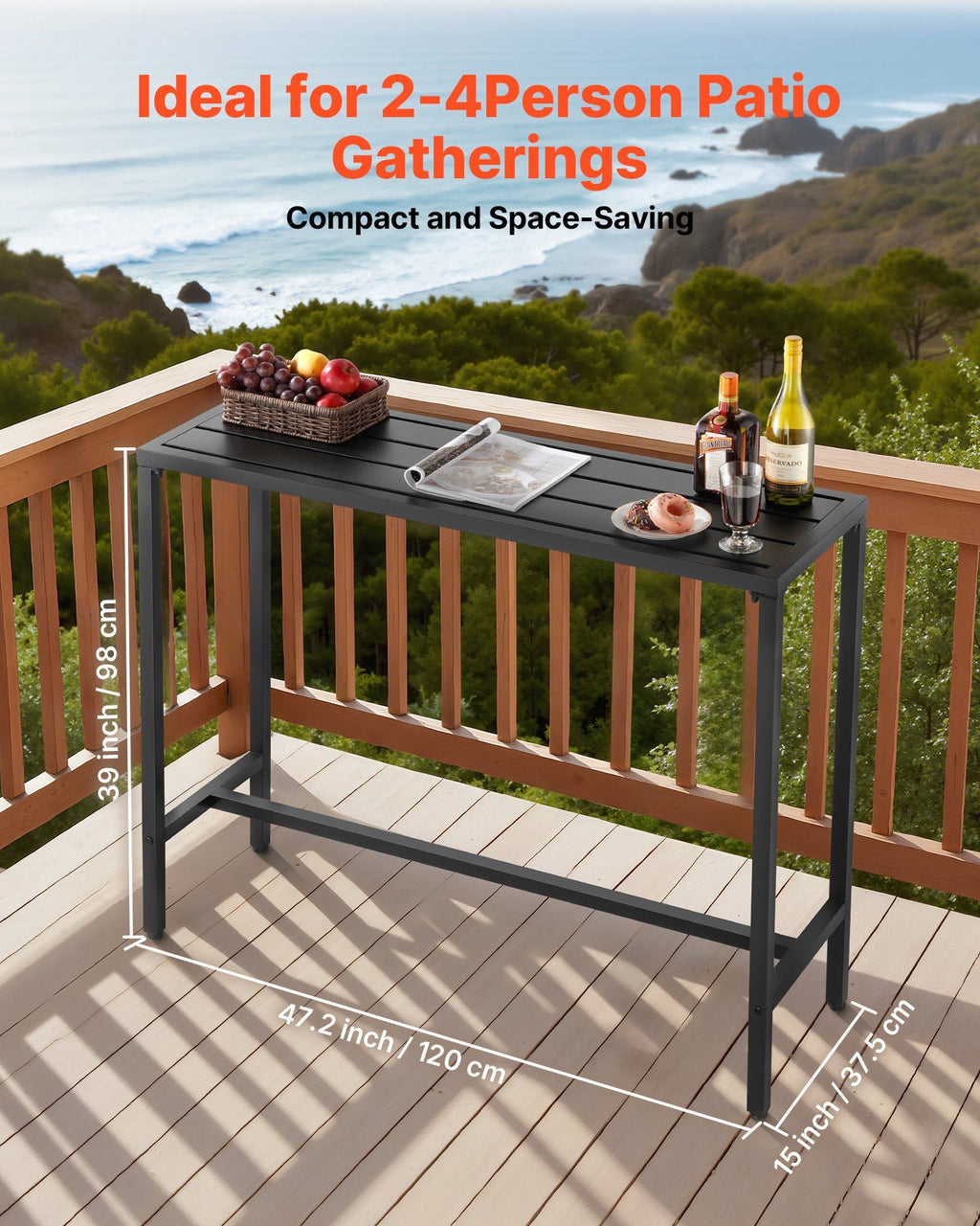 Outdoor Bar Table, 120 x 37.5 cm Patio Bar Table, Waterproof Top & Sturdy Metal Frame, Rectangle Counter Height Dining Tables, Outdoor Furniture for Balcony, Yard, Hot Tub, Poolside, Indoor