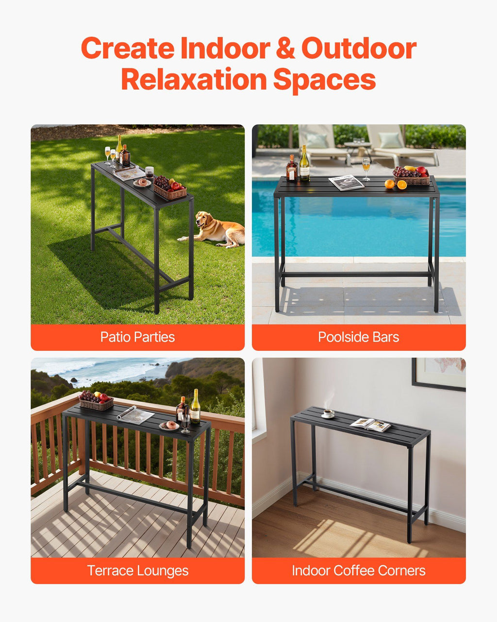 Outdoor Bar Table, 120 x 37.5 cm Patio Bar Table, Waterproof Top & Sturdy Metal Frame, Rectangle Counter Height Dining Tables, Outdoor Furniture for Balcony, Yard, Hot Tub, Poolside, Indoor